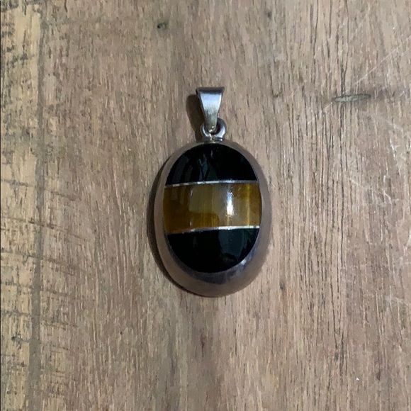 Vintage Sterling Silver Black Onyx & Tigers Eye Inlay Alicia Pendant - Picture 10 of 15